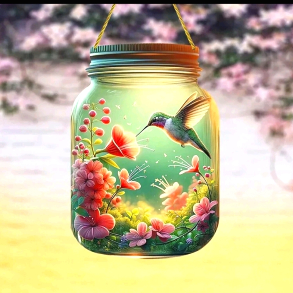 Acrylic Suncatcher Mason Jar Shaped With Hummingbird